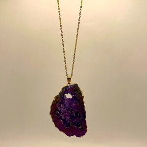 Natural Geode Stone & Crystal Quartz Peacock Seaglass Purple Pendant Necklace